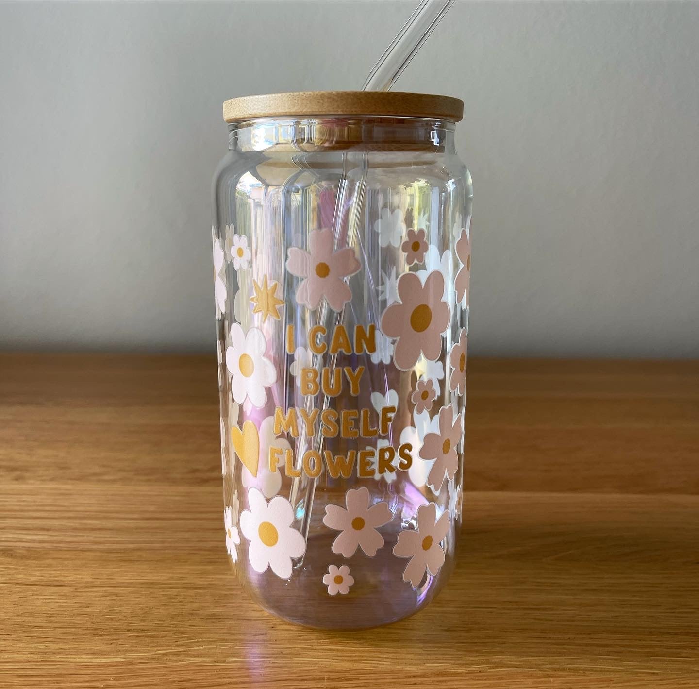 Iridescent Can Glass Tumbler with Lid and Glass Straw - 500ml/16oz