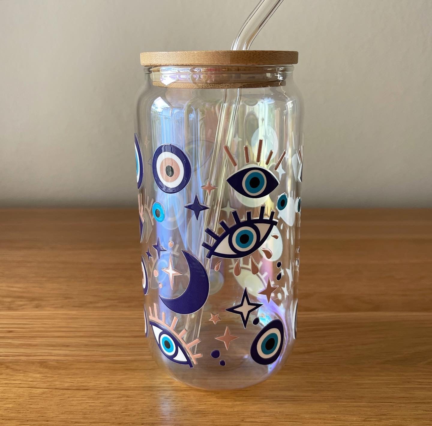 Iridescent Can Glass Tumbler with Lid and Glass Straw - 500ml/16oz