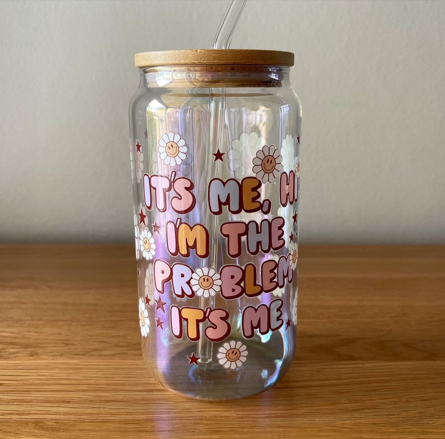 Iridescent Can Glass Tumbler with Lid and Glass Straw - 500ml/16oz