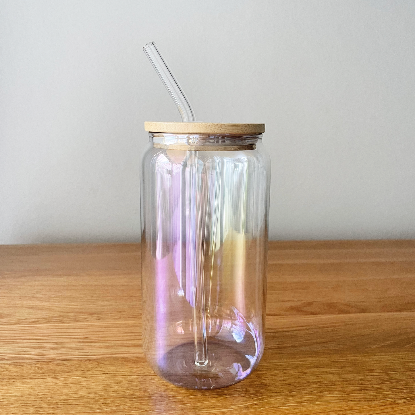 Iridescent Can Glass Tumbler with Lid and Glass Straw - 500ml/16oz