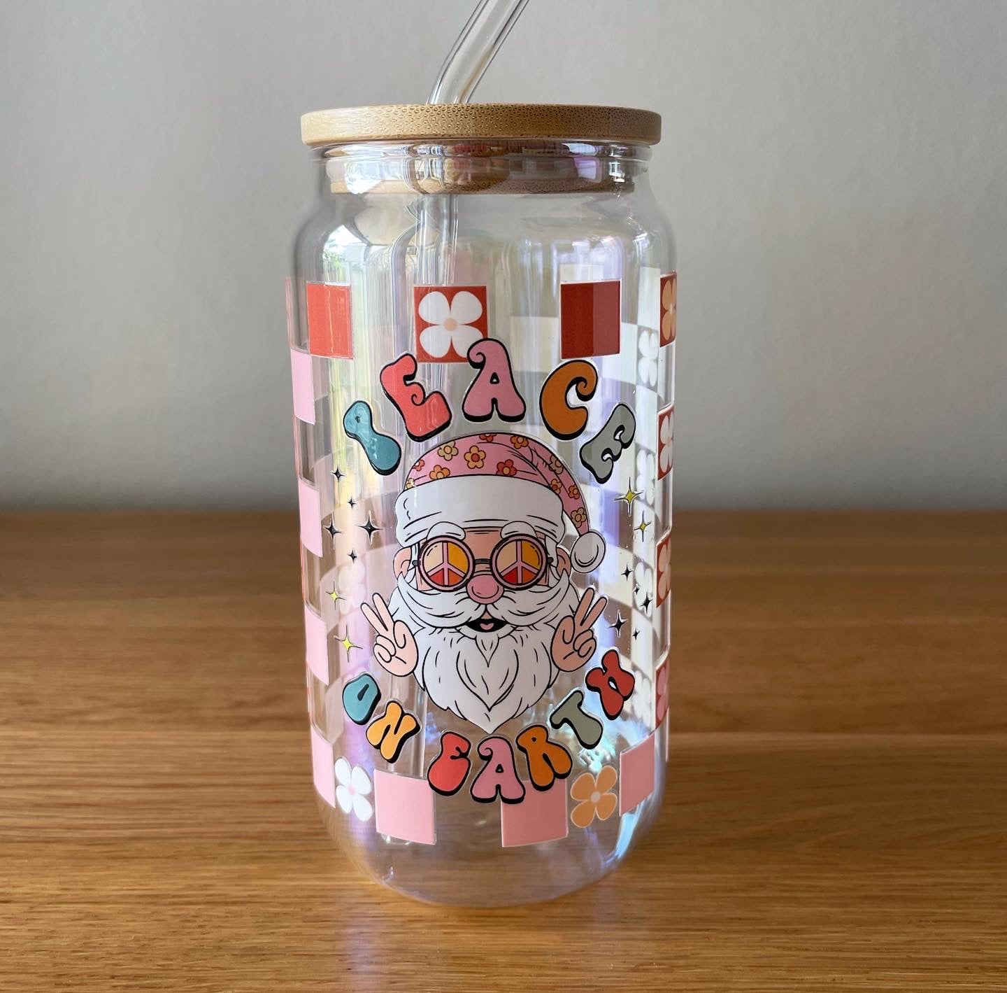 Other, 16 Oz Glass Cup With Wooden Lid And Straw Christmas Ghost